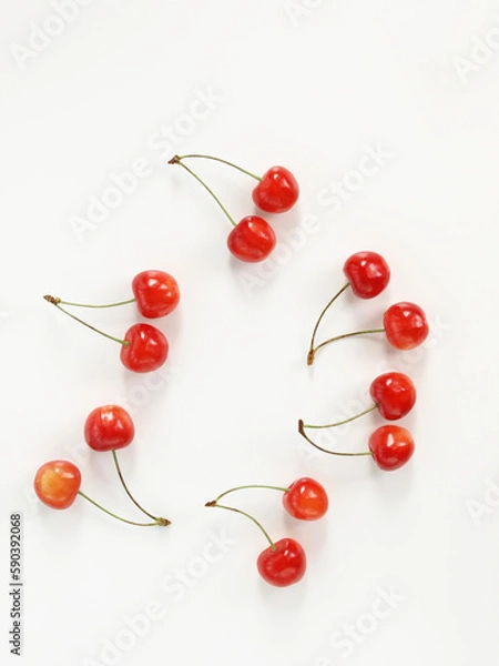 Fototapeta 白背景に沢山のサクランボ、さくらんぼ、佐藤錦、山形県産のチェリー