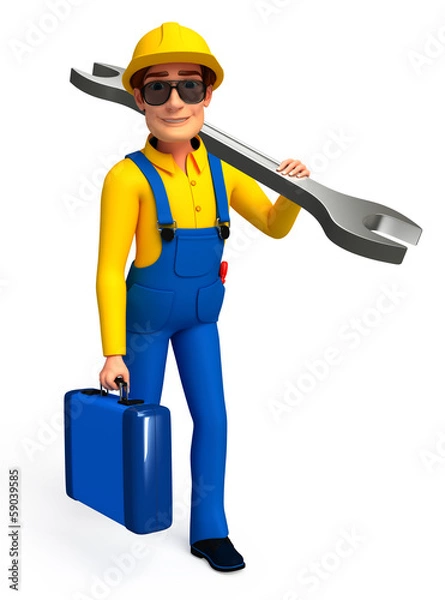 Fototapeta Service man with wrench & toolbox