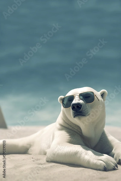 Fototapeta  The Last Resort: Polar Bear Sunbathing With Glasses on the Beach. Generative ai.