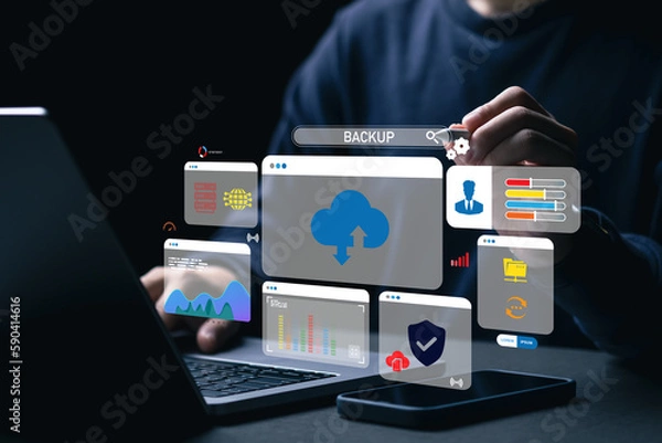 Fototapeta Exchange information and data with internet cloud technology. Digital system for transferring documents. FTP File Transfer Protocol files receiver and computer backup copy. File sharing isometric.
