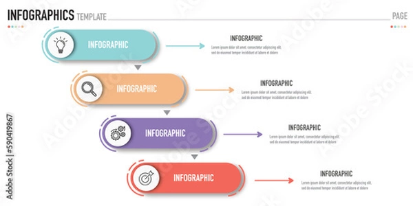 Obraz Infographic business template or element as a vector, with 4 step, process, option, bullet, list, in colorful diagonal pattern, with icons and arrow for presentation, modern, simple, minimal style