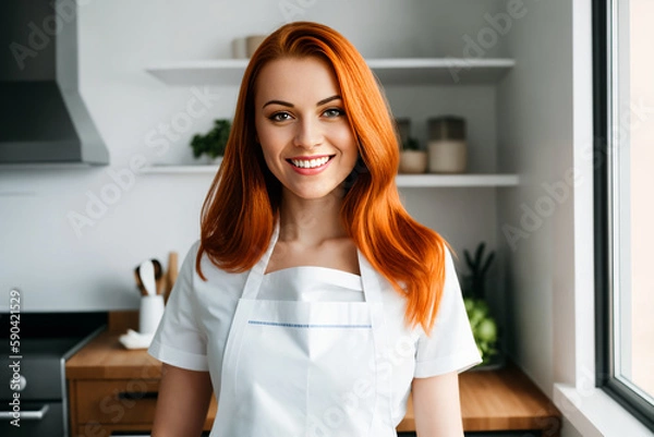 Fototapeta A young woman in an apron prepares a healthy food of vegetables in the kitchen. Generative ai.	
