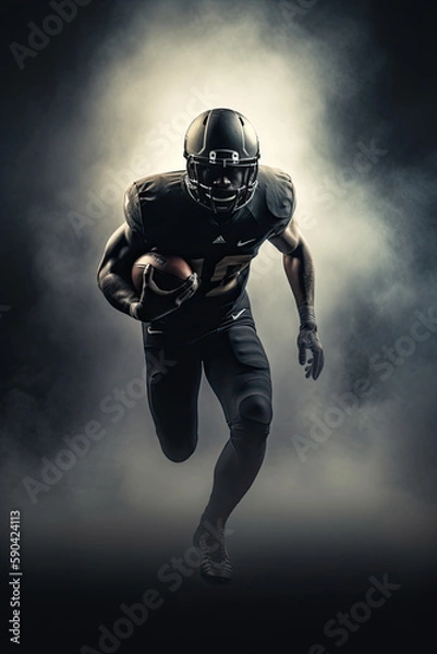 Fototapeta A black american football player running while carrying football. Generative AI