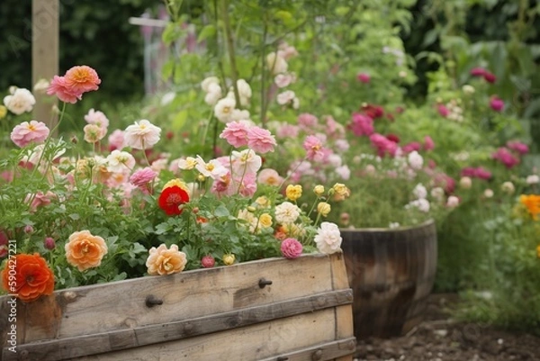 Fototapeta garden with a mix of plants that attract pollina, with a mix of wildflowers for a natural area. garden with a mix of plants with interesting bark  with a small gree, generative artificial intelligence
