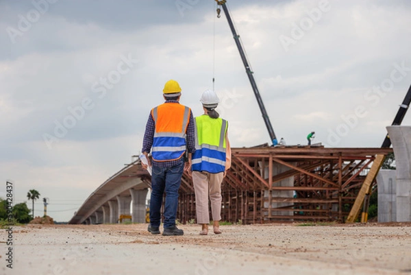Fototapeta Female engineer and foreman worker checking project at building site, Engineer and builders in hardhats discussing on construction site, Teamwork concepts
