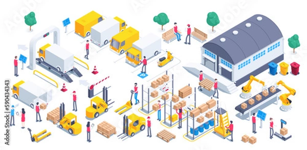 Fototapeta isometric vector illustration on a white background, people work on with cargo and transport carrying cargo and line with robots, shelves with boxes and canisters and pallets, warehouse work