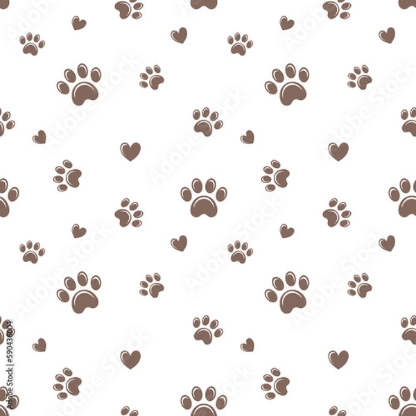 Obraz Brown dog paws and hearts seamless vector pattern
