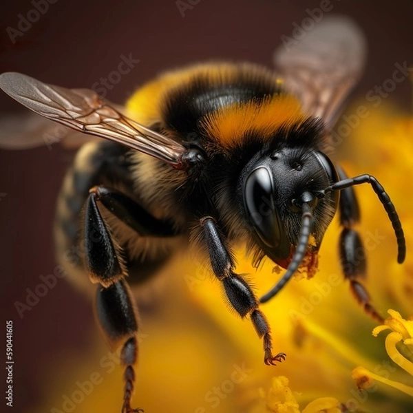 Fototapeta Macro Close-Up of Bumblebee in Black and Yellow - generative AI