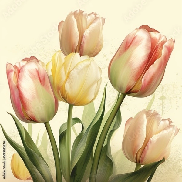 Fototapeta Beautiful Watercolor Drawing of Tulips on Cream Background - generative AI
