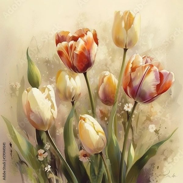 Fototapeta Beautiful Watercolor Drawing of Tulips on Cream Background - generative AI