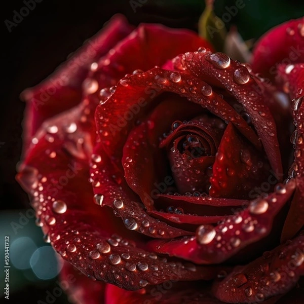 Fototapeta Macro Shot of Red Rose Blossom with Water Drops - generative AI