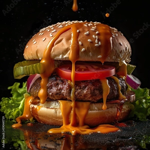 Fototapeta Close-up Food Photography of a Juicy Cheeseburger with Ham, Tomatoes, Pickles, and Salad on a Black Background - generative AI