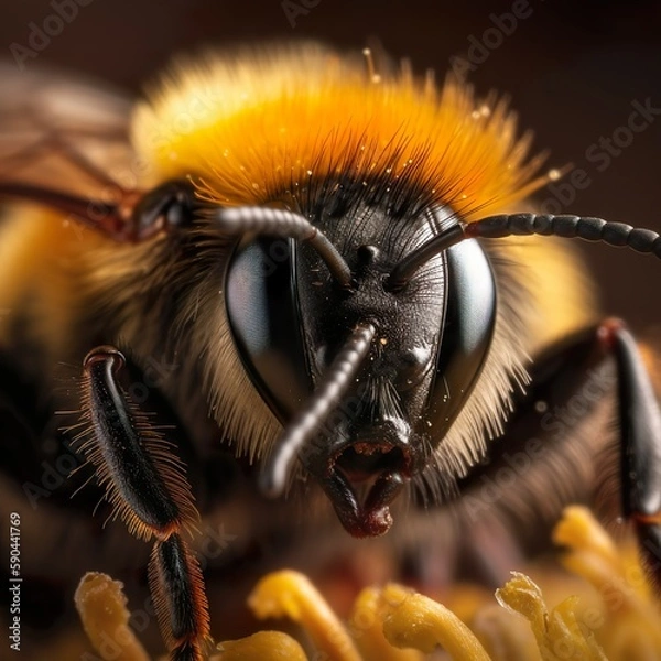 Fototapeta Macro Close-Up of Bumblebee in Black and Yellow - generative AI