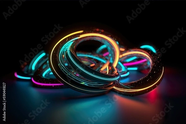 Fototapeta Abstract Neon Art Wallpaper with Glowing 3D Rings on Black Background - generative ai