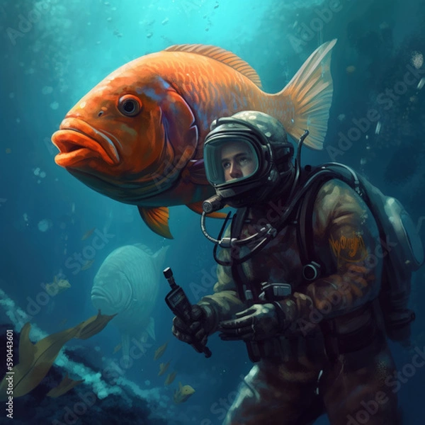 Fototapeta Diving into Adventure: A Scuba Diver and a Big Fish. Generative ai.