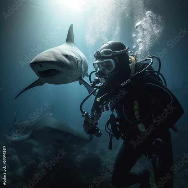 Fototapeta The Ultimate Test of Courage: Scuba Diver Confronts Shark. Generative ai.