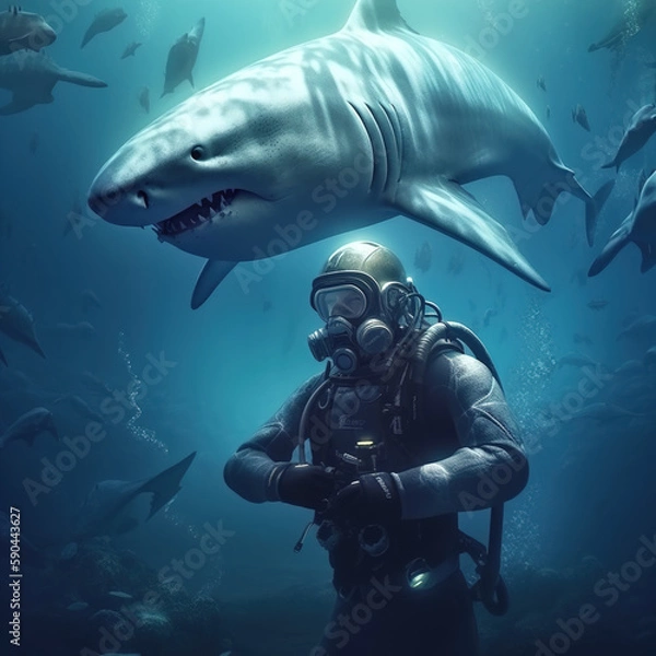 Fototapeta Scuba Diver Meets the King of the Ocean: Shark Encounter. Generative ai.