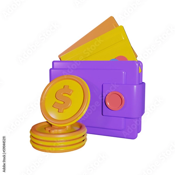 Obraz Wallet With Gold Coin and Credit Card 3D Icon
