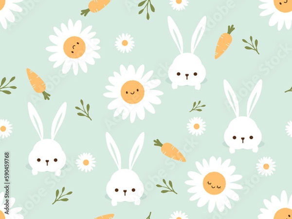 Fototapeta Seamless pattern with bunny rabbit in the hole, daisy flower cartoons on green grass background vector.