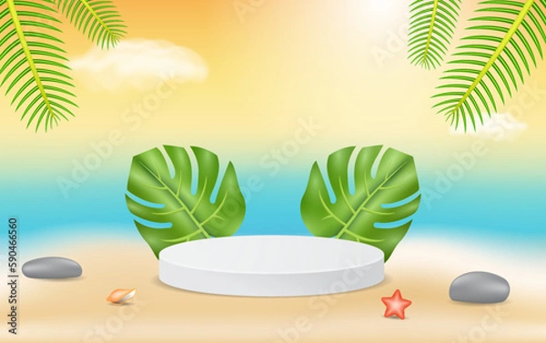 Obraz summer scene with 3d podium. beach background and leaves. used for business presentations of cosmetic and other products for sale in online stores. summer background with minimal concept