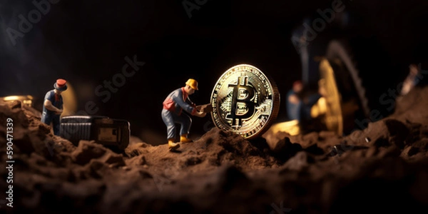 Fototapeta Miner figurines digging ground to uncover big gold bitcoin. Cryptocurrency mining concept. Miner was able to uncover a hidden treasure that is sure to bring great fortune. generative ai.