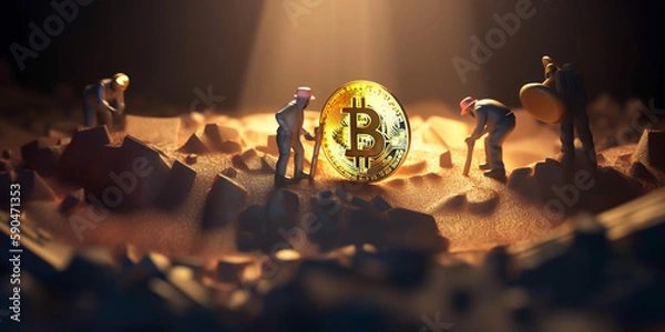 Fototapeta Miner figurines digging ground to uncover big gold bitcoin. Cryptocurrency mining concept. Miner was able to uncover a hidden treasure that is sure to bring great fortune. generative ai.