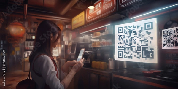 Fototapeta Using  smartphone to make payments through a QR code. Digital payment method is convenient and secure, making it easy for customers to pay quickly and safely. generative ai.