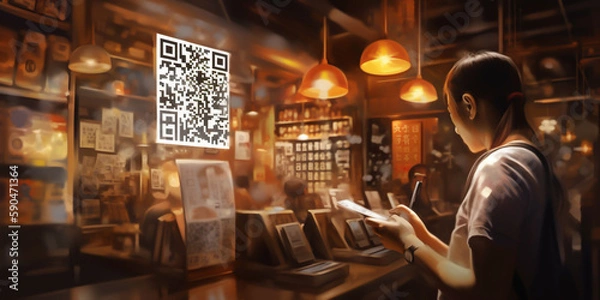Fototapeta Using  smartphone to make payments through a QR code. Digital payment method is convenient and secure, making it easy for customers to pay quickly and safely. generative ai.