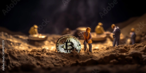 Fototapeta Miner figurines digging ground to uncover big gold bitcoin. Cryptocurrency mining concept. Miner was able to uncover a hidden treasure that is sure to bring great fortune. generative ai.