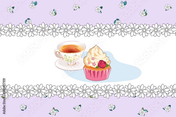 Obraz ティータイム　ブレイクタイム　美味しそうなスイーツ　紅茶　イラスト　生クリーム　スコーン　ホイップ