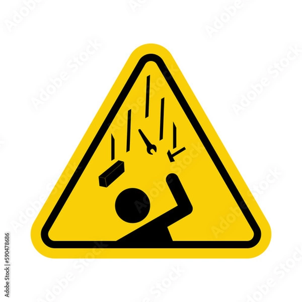 Obraz Falling objects danger sign. Falling objects warning sign. Caution, falling objects from a height on construction sites cause injury. Yellow triangle sign with icon of falling tools on a person.