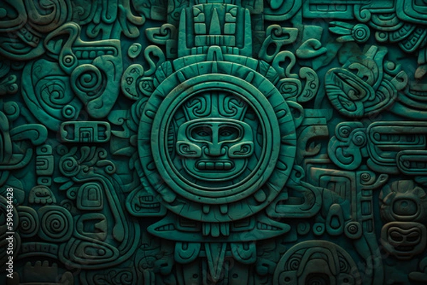 Fototapeta Stone maya texture. Ancien mayan background with face in the middle. Ceramic tiles in the form of traditional Maya design. Generative AI maya ancient background.