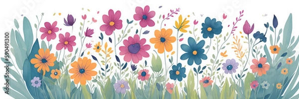 Fototapeta Colorful flower meadow in spring paint. AI generated illustration