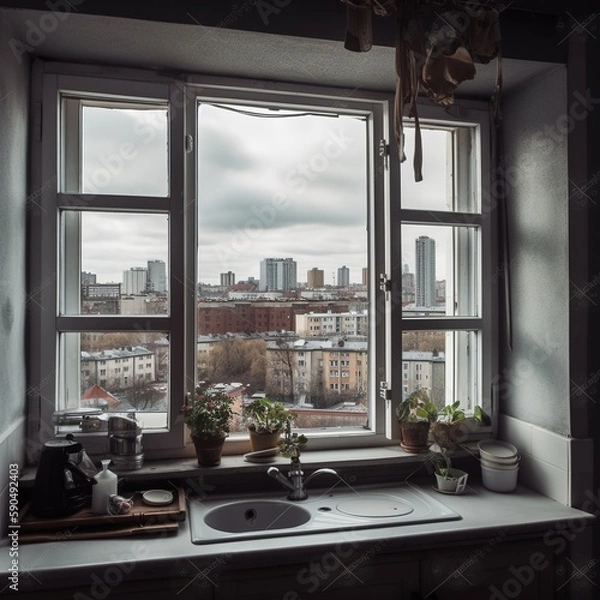 Fototapeta City panorama seen from the window in the kitchen, Generative AI