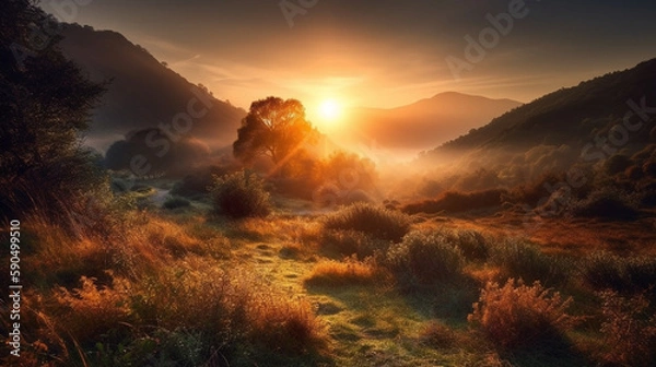 Fototapeta Generate a description of a sunrise over a beautiful natural landscape in 300 words. Leave only nouns and adjectives. Separate the words with commas. Generative AI