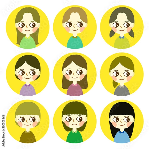 Obraz ポップで可愛い女の子の円形アイコン セット