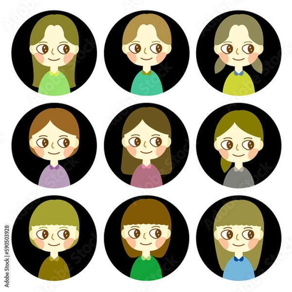 Obraz ポップで可愛い女の子の円形アイコン セット