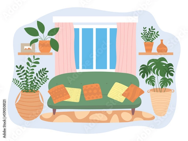 Fototapeta Vector home interior in flat style with cozy sofa and plants. Flat style interior with window, curtains, sofa and shelves