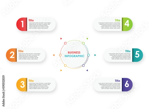 Obraz Business infographic process with circle template design with 6 options or steps. Professional infographic or info chart template isolated on white background with multiple colors	
