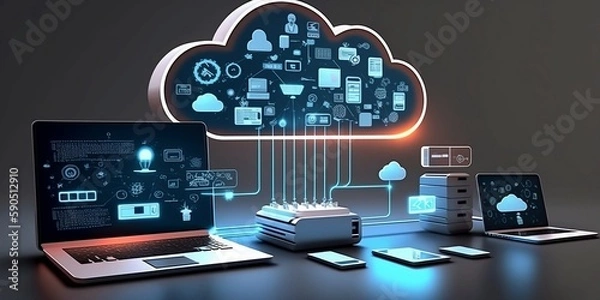 Fototapeta Cloud technology, computing. Devices connected to digital storage in the data center via the Internet, IOT, Smart Home Communication laptop, tablet, phone home devices with an online. (Generative AI).