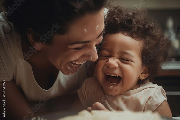 Fototapeta Close-up of a mother and her child laughing and baking together, made with generative AI