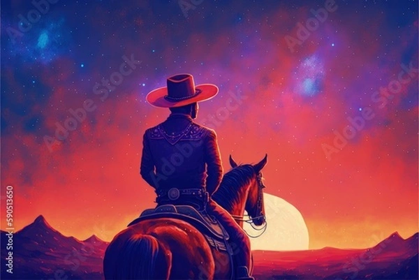 Fototapeta A cowboy riding a horse against a sunset sky with a background of planets.. Fantasy concept , Illustration painting. Generative AI