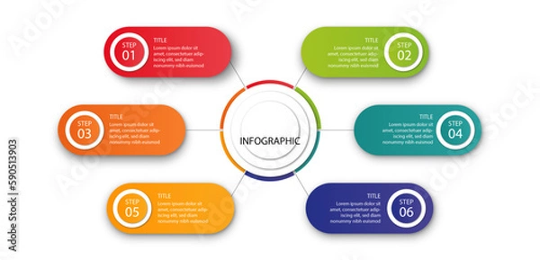 Obraz Business infographic process with circle template design with icons and 6 options or steps. Professional infographic or info chart template isolated on white background with multiple colors	
