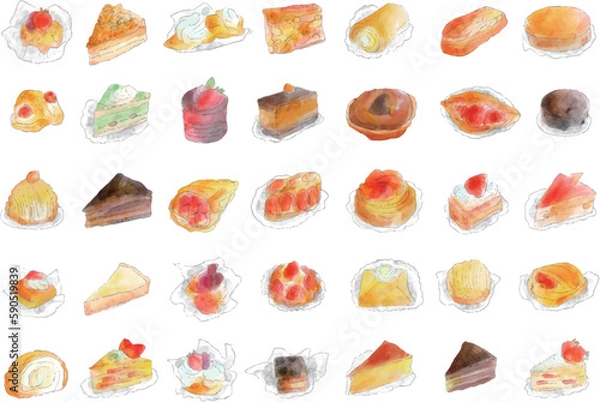 Obraz 水彩 手描き ケーキ アイコン イラスト セット