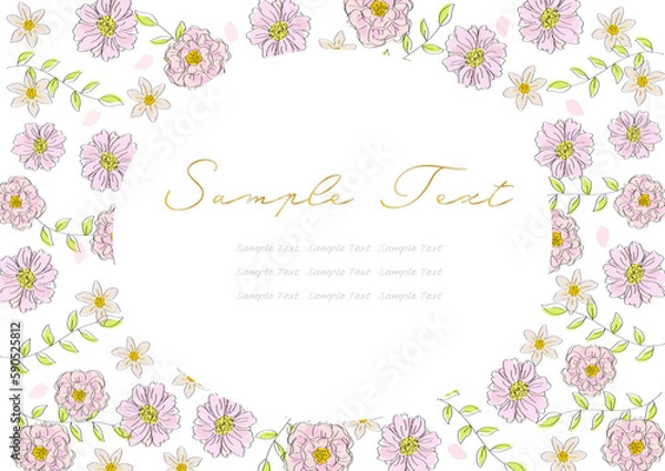 Obraz 手書き 線画 優しいピンクの花のフレーム