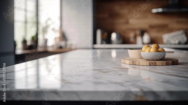 Obraz Empty marble countertop kitchen with copy space over kitchen background.for product display montage. AI generation.