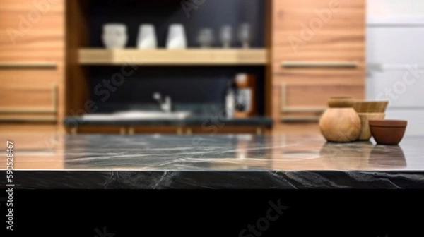 Obraz Empty marble countertop kitchen with copy space over kitchen background.for product display montage. AI generation.