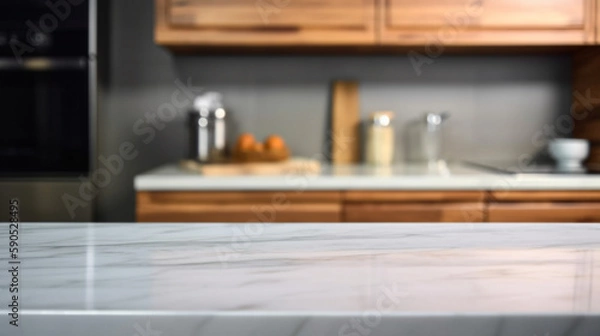Obraz Empty marble countertop kitchen with copy space over kitchen background.for product display montage. AI generation.