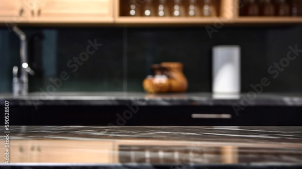 Obraz Empty marble countertop kitchen with copy space over kitchen background.for product display montage. AI generation.