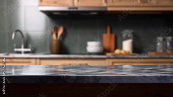 Obraz Empty marble countertop kitchen with copy space over kitchen background.for product display montage. AI generation.